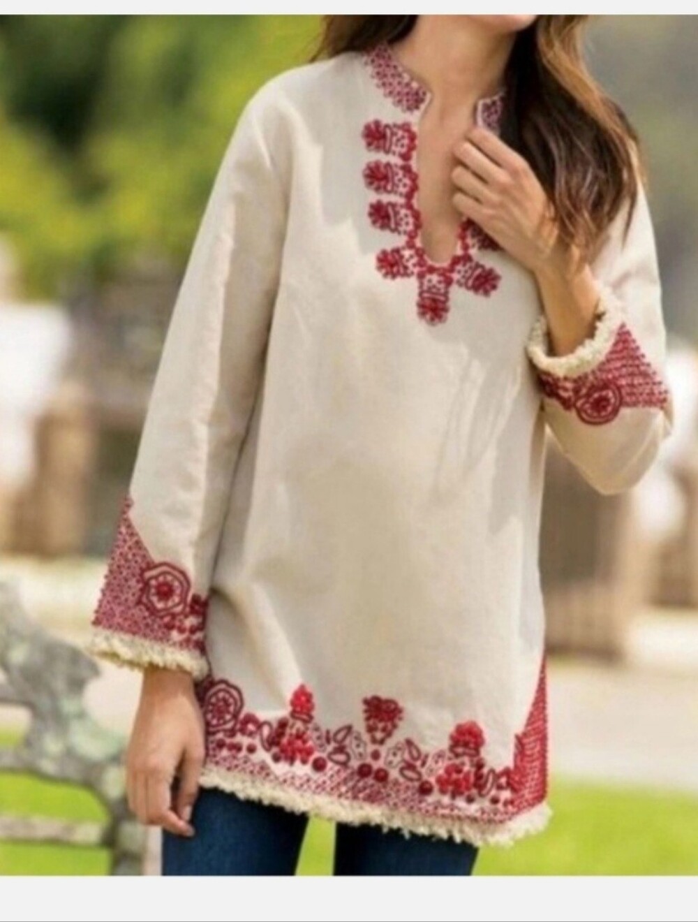 NWOT Soft Surroundings Cream/ Red Sahara Linen Blend Beaded Tunic Top Size 1X